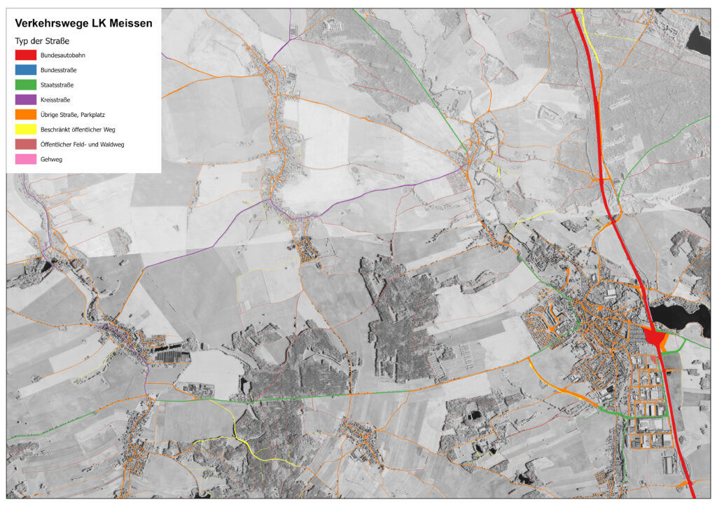 Verkehrswege nach Verkehrswegetypen – Beispiel Landkreis Meißen (Quelle: IÖR)