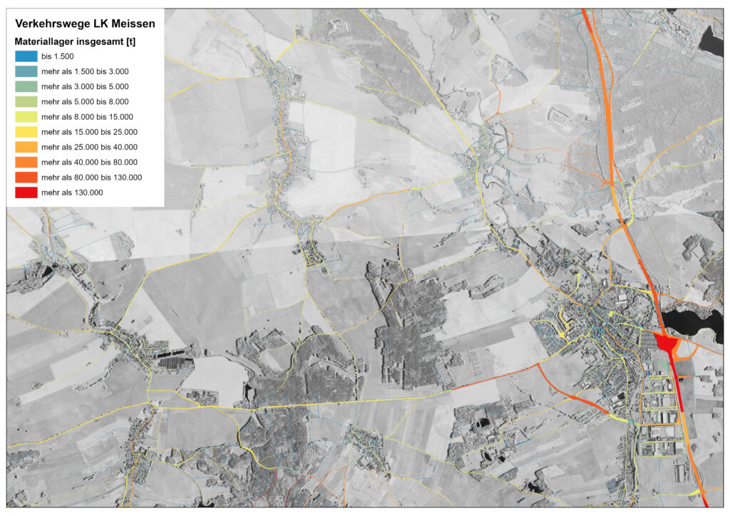 Verkehrswege in t Baumaterialverbrauch – Beispiel Landkreis Meißen (Quelle: IÖR)